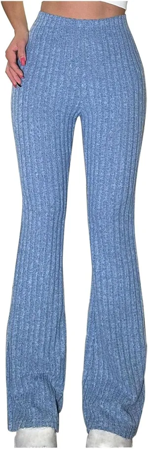 Women's Casual Adjustable High Waist Solid Flare Leg Ribbed Knit Pants Trousers Slimming Stretchy Lounge Yoga Pants