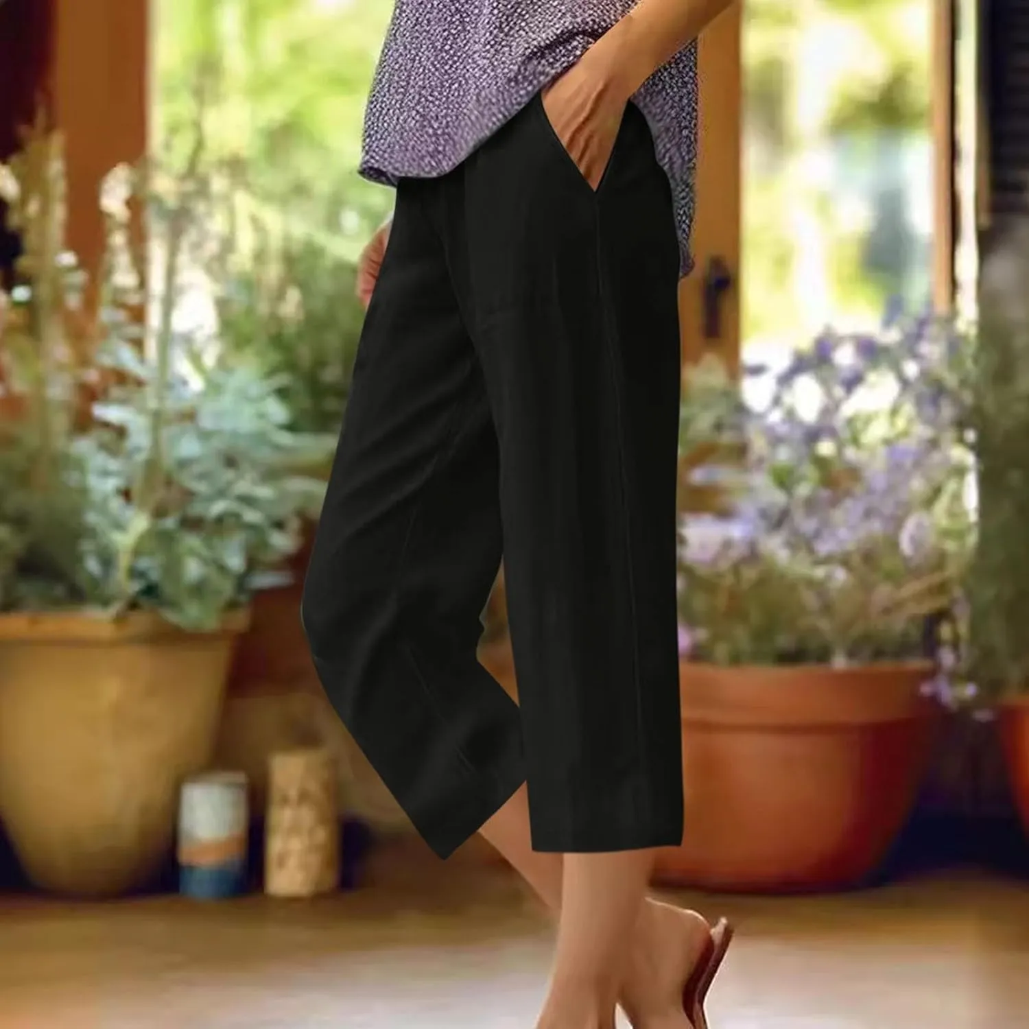 Women's Casual Cotton Linen Capri Pants Boho Solid Elastic Waisted Drawstring Summer Spring Beach Baggy Capri
