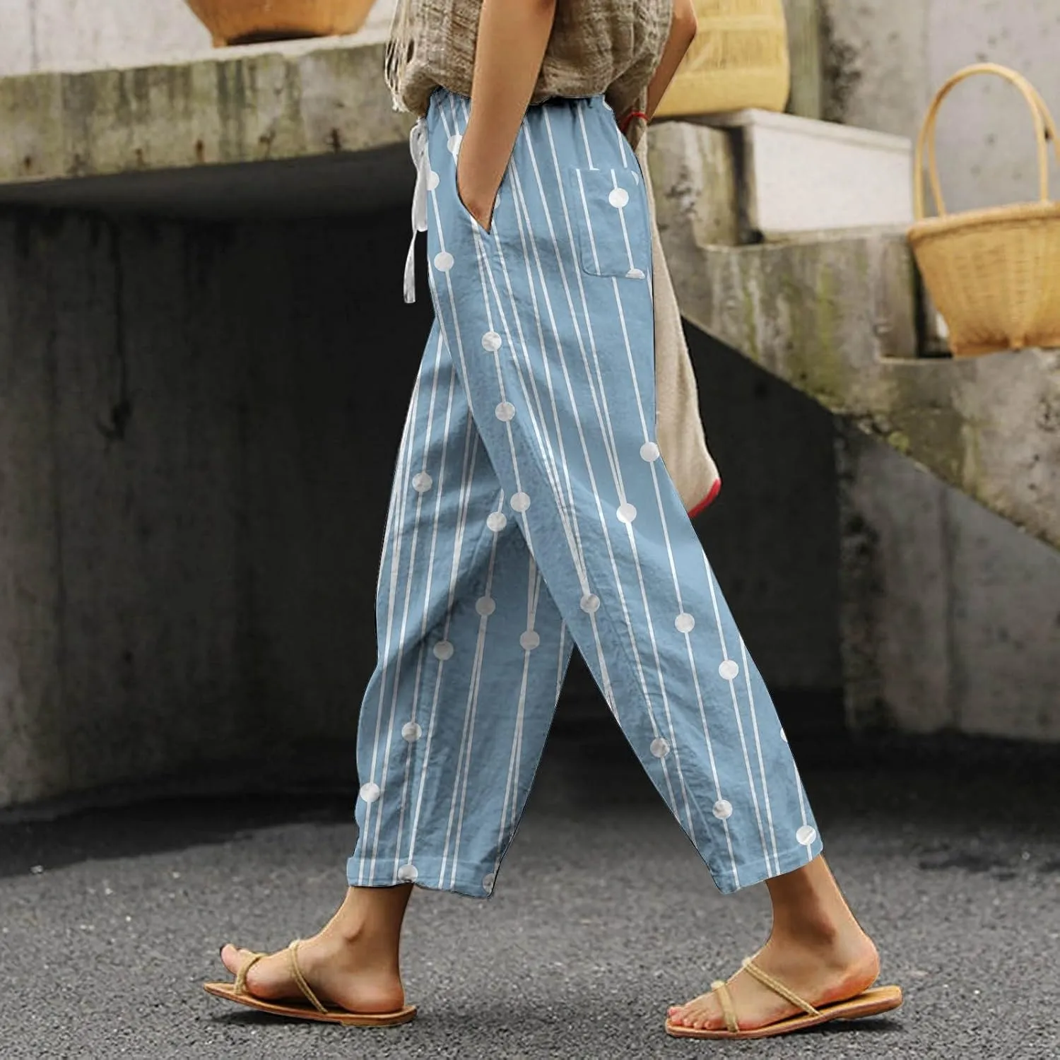 Womens Casual Cotton Linen Pants Drawstring Elastic Waist Lounge Pants Dot Printed Loose Fit Summer Beach Trousers