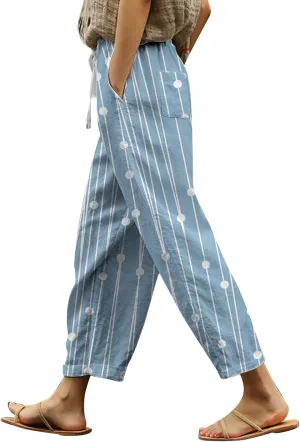 Womens Casual Cotton Linen Pants Drawstring Elastic Waist Lounge Pants Dot Printed Loose Fit Summer Beach Trousers