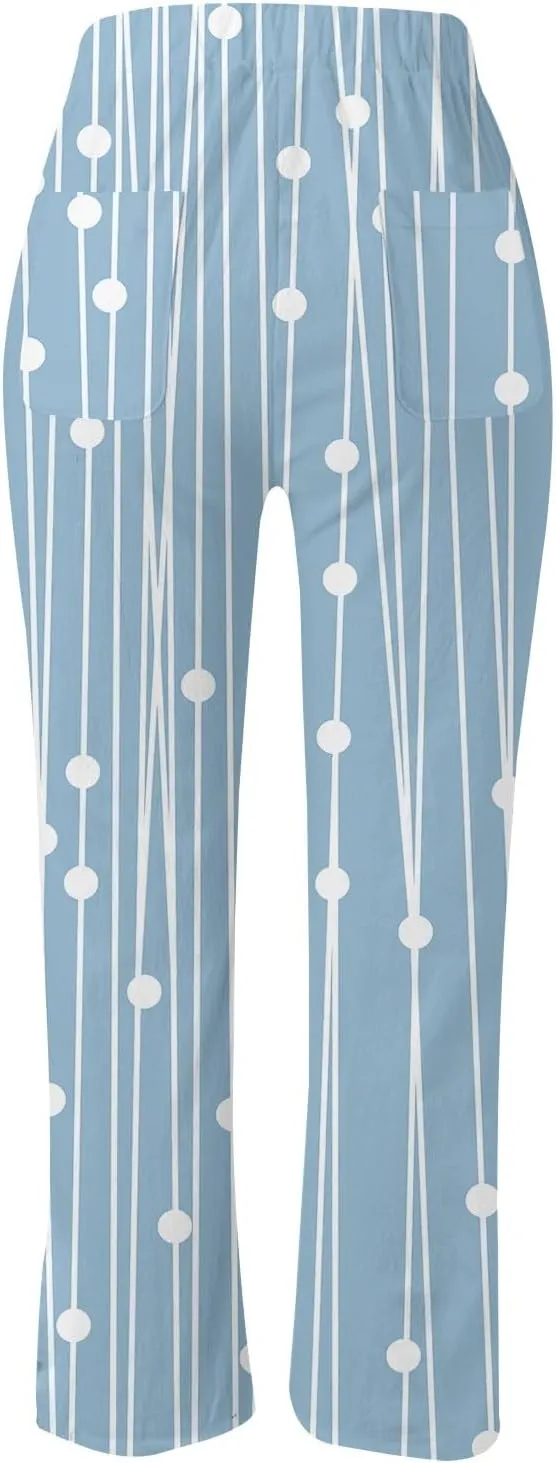 Womens Casual Cotton Linen Pants Drawstring Elastic Waist Lounge Pants Dot Printed Loose Fit Summer Beach Trousers
