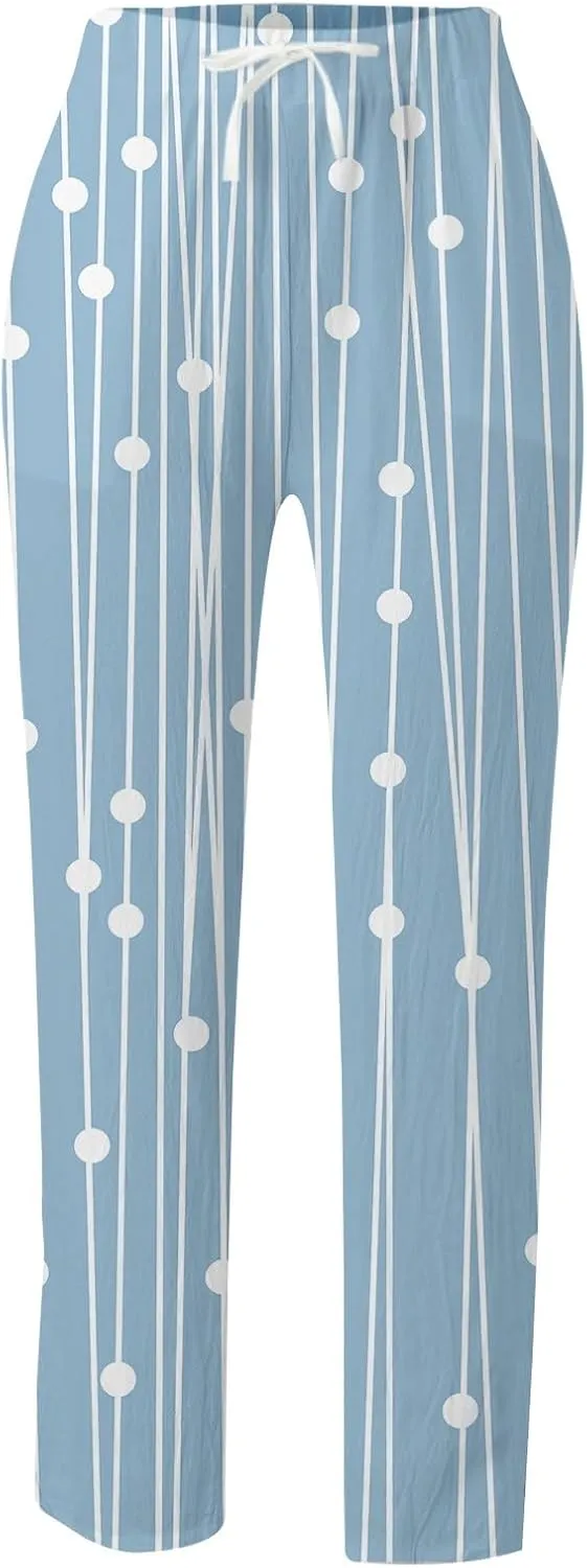 Womens Casual Cotton Linen Pants Drawstring Elastic Waist Lounge Pants Dot Printed Loose Fit Summer Beach Trousers