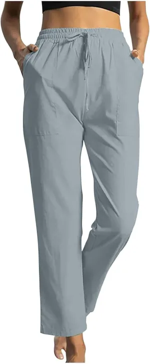 Womens Casual Cotton Pants Straight Leg Business Causal Slacks High Waist Drawstring Loose Fit Summer Beach Trousers