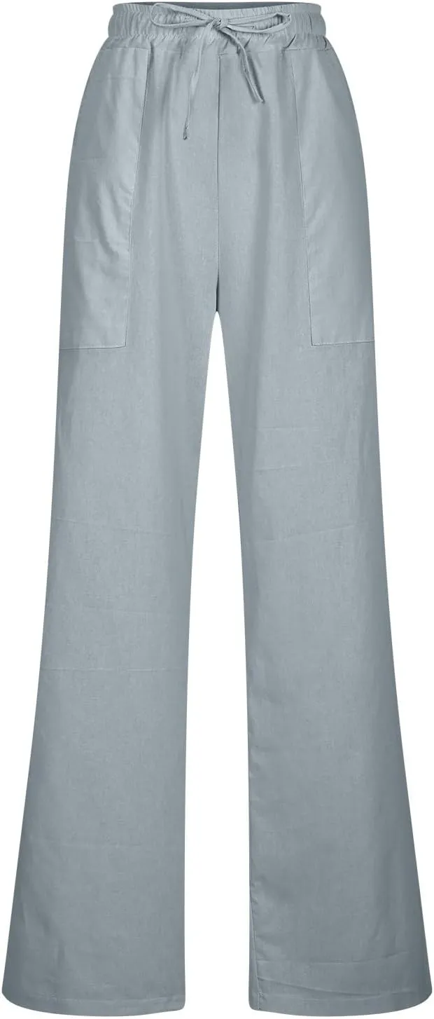 Womens Casual Cotton Pants Straight Leg Business Causal Slacks High Waist Drawstring Loose Fit Summer Beach Trousers