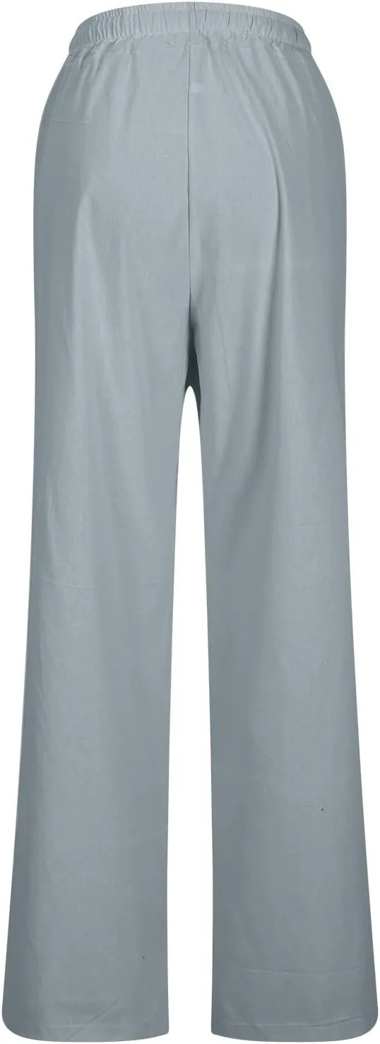 Womens Casual Cotton Pants Straight Leg Business Causal Slacks High Waist Drawstring Loose Fit Summer Beach Trousers