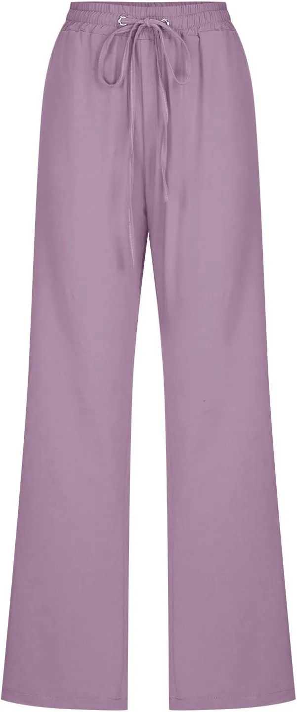 Womens Casual Linen High Waist Pants Drawstring Loose Fit Summer Pants Comfy Work Trousers with Side Pockets