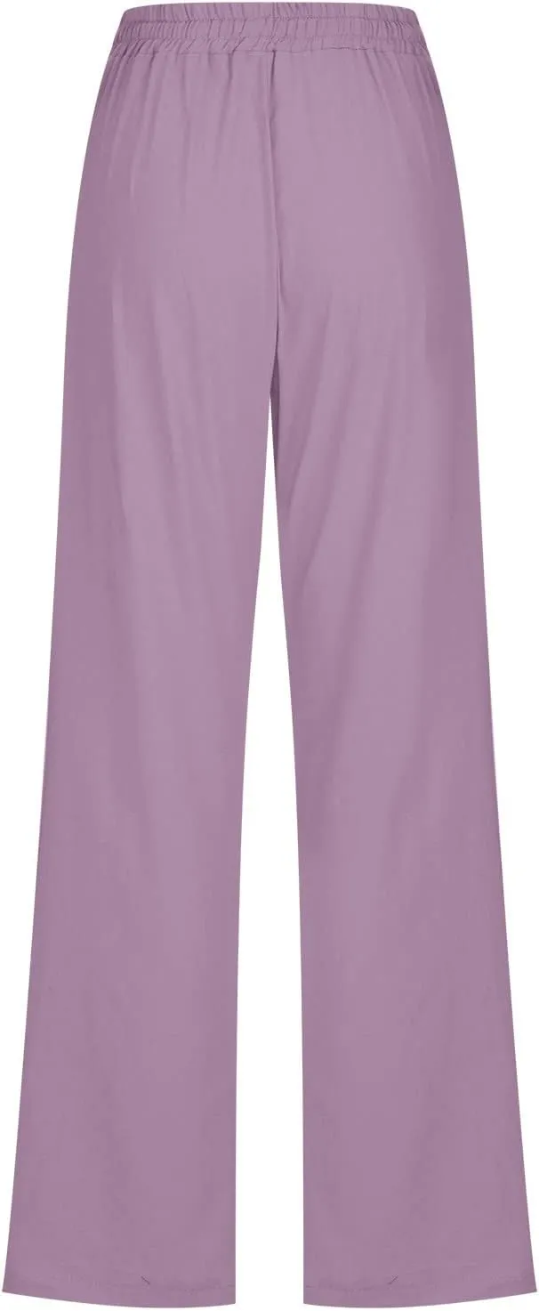Womens Casual Linen High Waist Pants Drawstring Loose Fit Summer Pants Comfy Work Trousers with Side Pockets