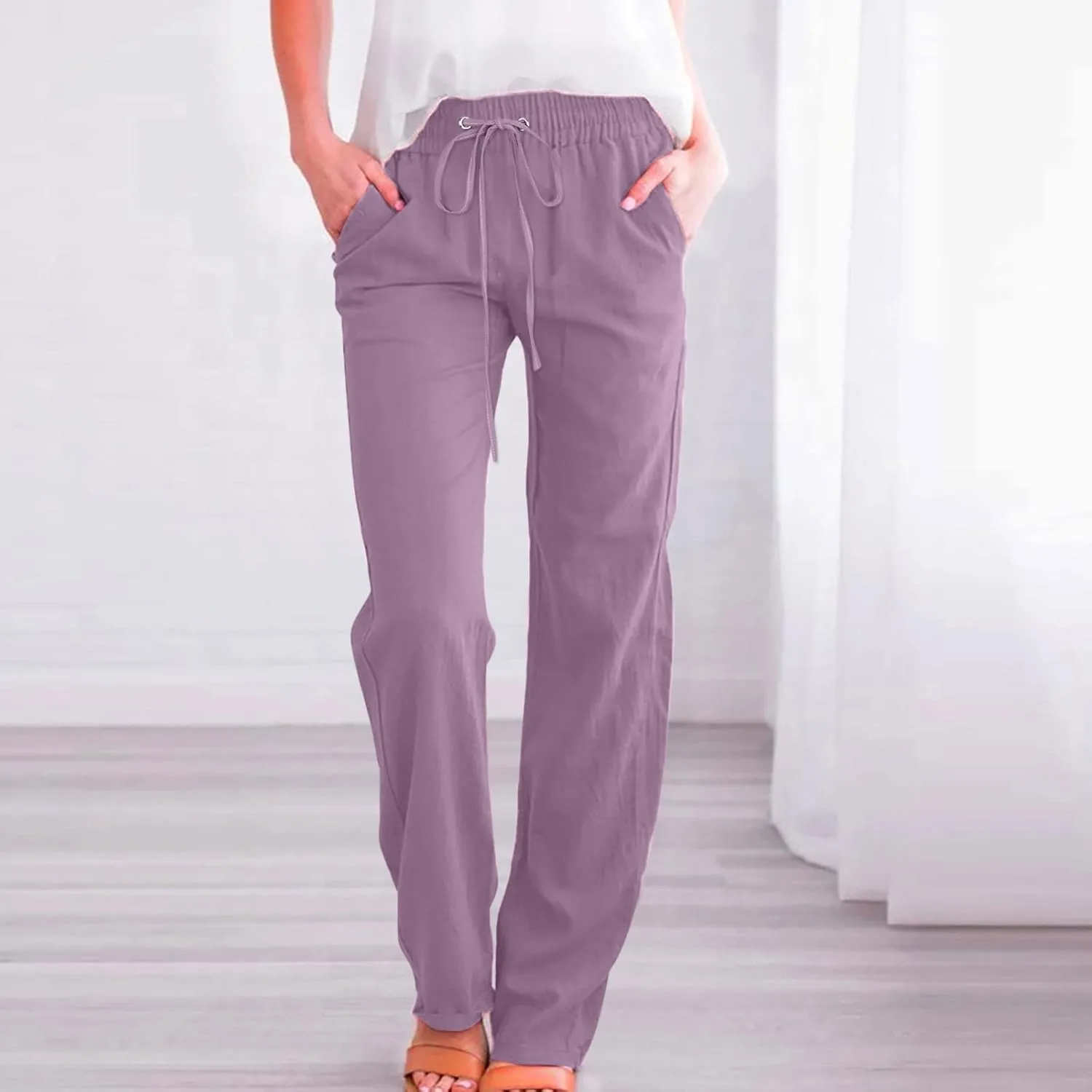 Womens Casual Linen High Waist Pants Drawstring Loose Fit Summer Pants Comfy Work Trousers with Side Pockets