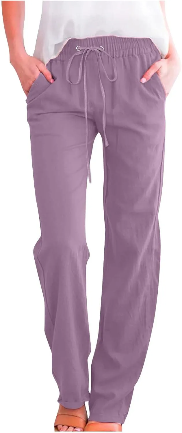 Womens Casual Linen High Waist Pants Drawstring Loose Fit Summer Pants Comfy Work Trousers with Side Pockets