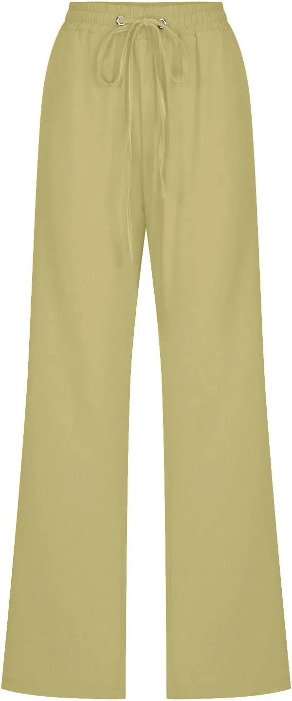 Womens Casual Linen Pants High Waist Drawstring Loose Fit Summer Pants Comfy Straight Leg Trousers with Pockets