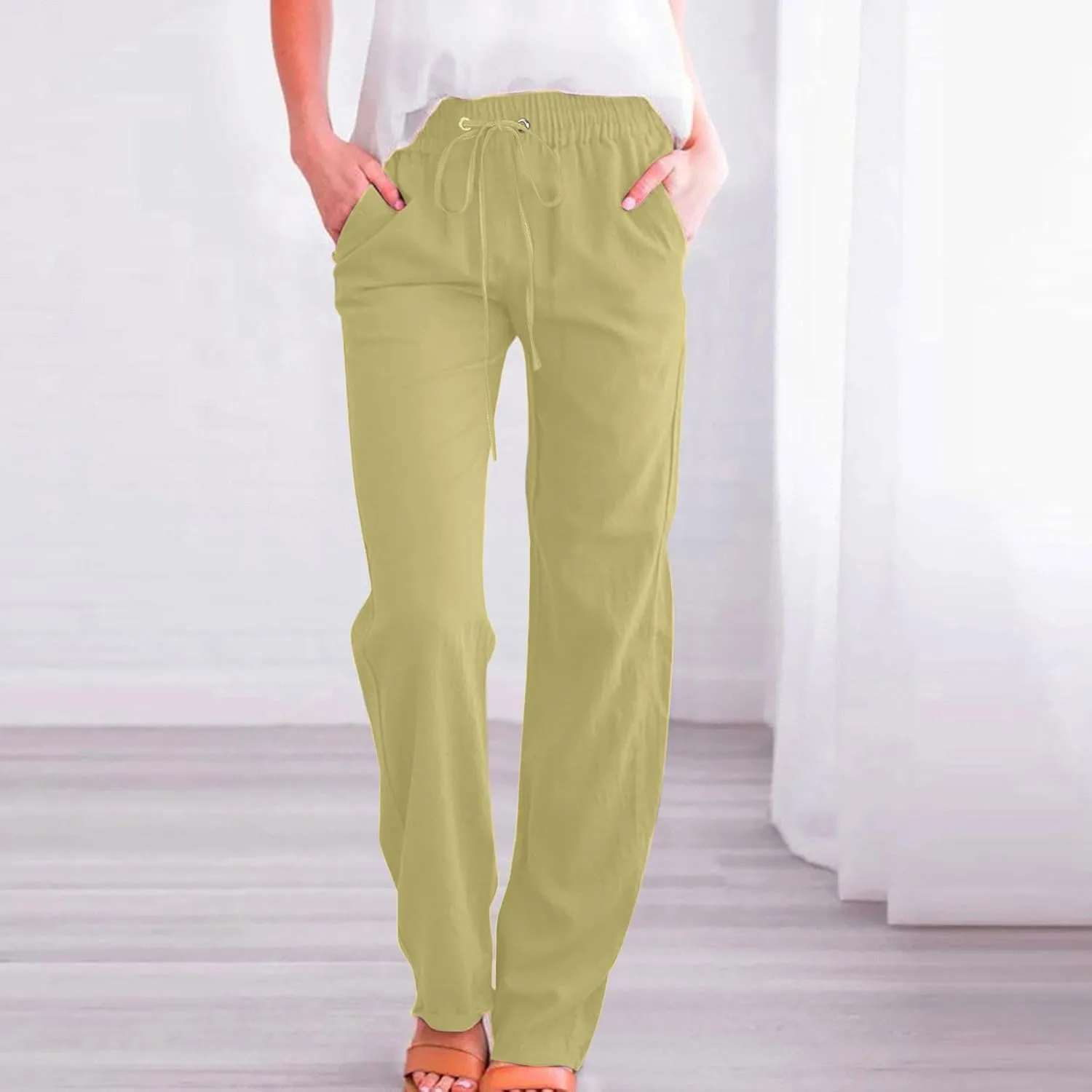 Womens Casual Linen Pants High Waist Drawstring Loose Fit Summer Pants Comfy Straight Leg Trousers with Pockets