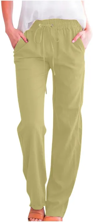 Womens Casual Linen Pants High Waist Drawstring Loose Fit Summer Pants Comfy Straight Leg Trousers with Pockets