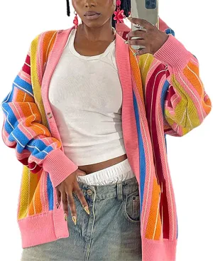 Womens Chunky Cardigan Sweaters Trendy Color Block Long Sleeve Button Up Rainbow Knit Coat