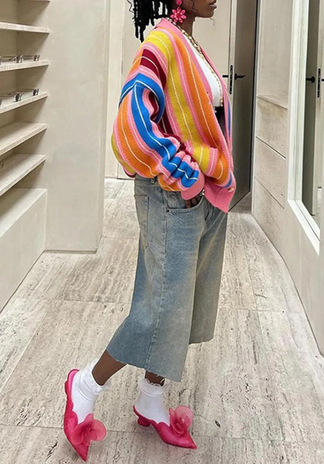 Womens Chunky Cardigan Sweaters Trendy Color Block Long Sleeve Button Up Rainbow Knit Coat
