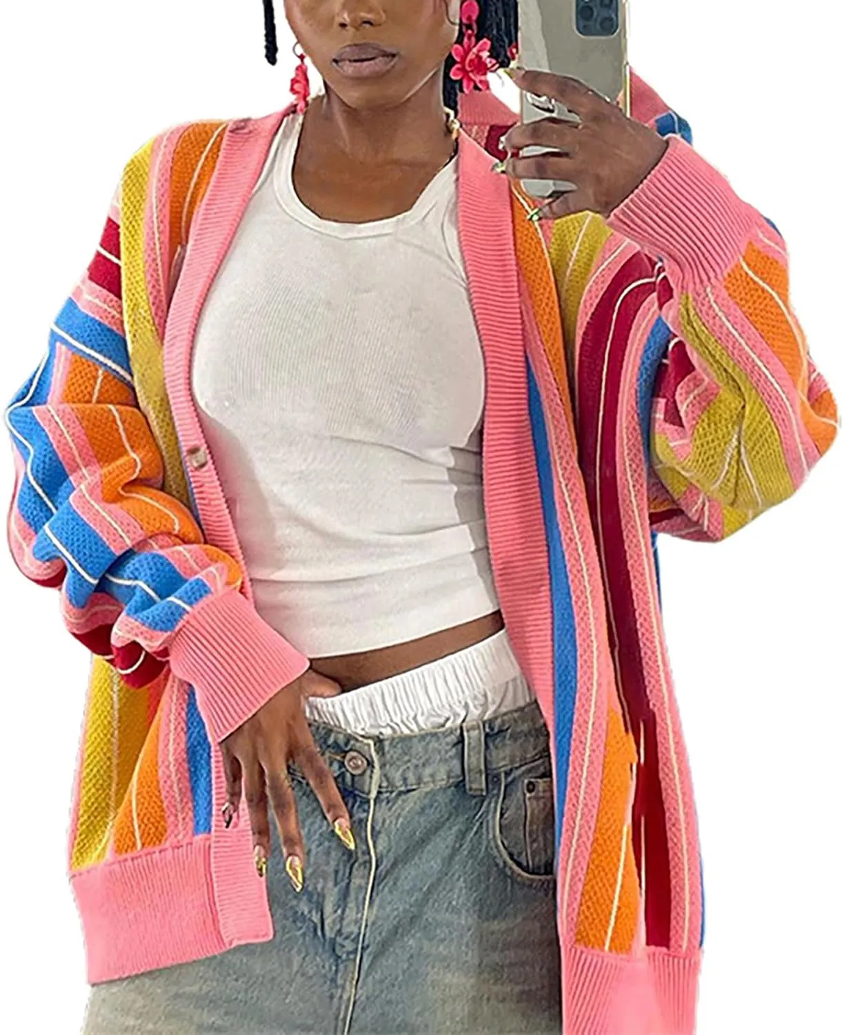 Womens Chunky Cardigan Sweaters Trendy Color Block Long Sleeve Button Up Rainbow Knit Coat