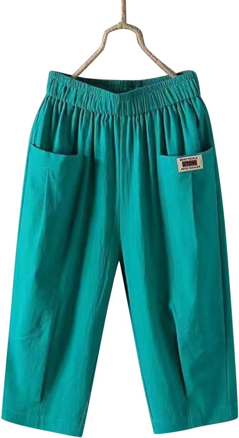 Women's Cotton Linen Carpi Pants Summer Wide Leg Casual Loose Lightweight High Waisted Pants Trousers with Pockets