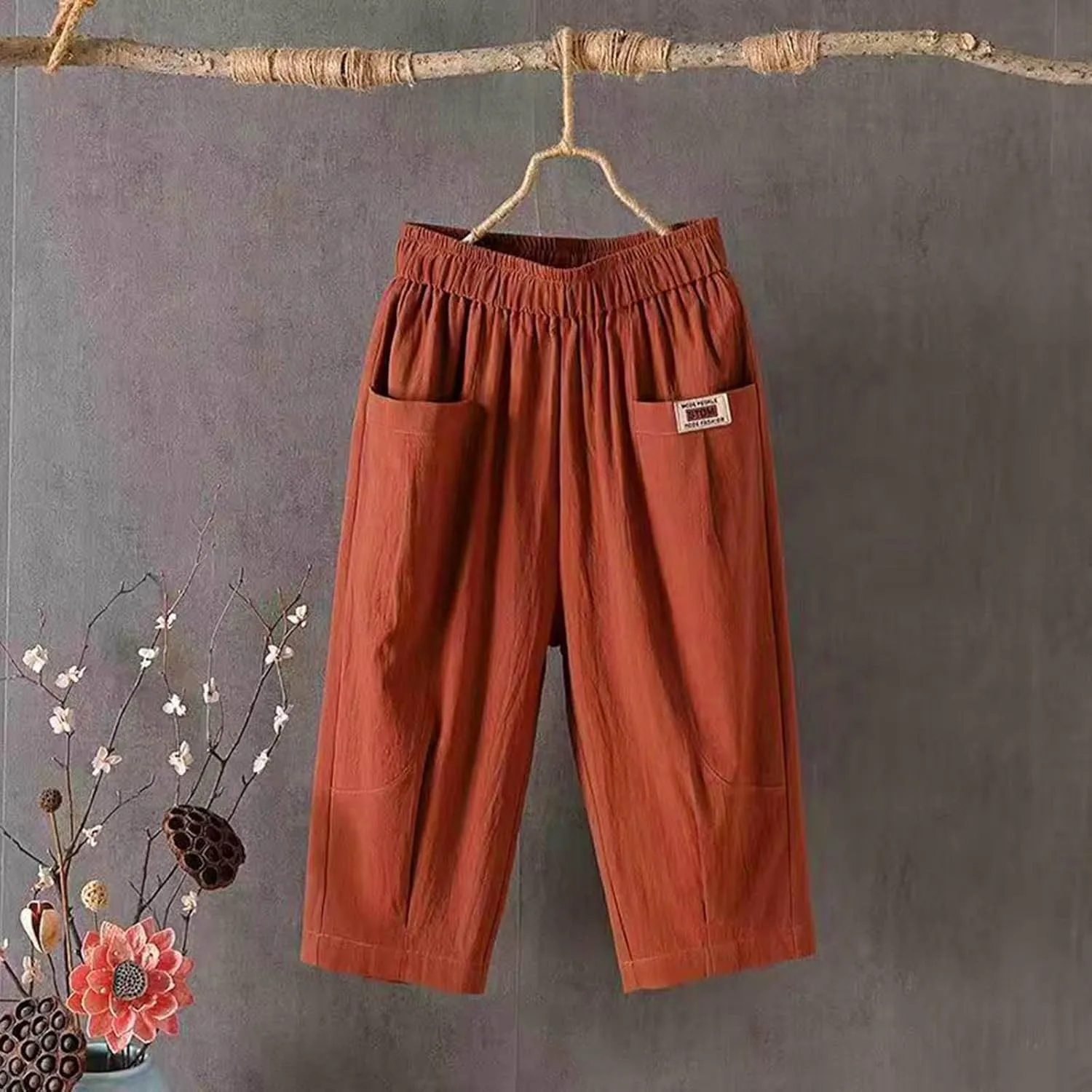 Women's Cotton Linen Carpi Pants Summer Wide Leg Casual Loose Lightweight High Waisted Pants Trousers with Pockets