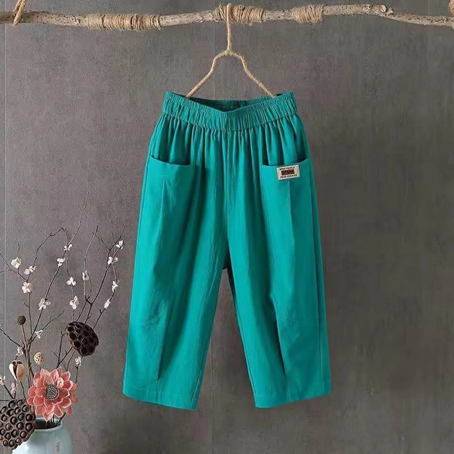 Women's Cotton Linen Carpi Pants Summer Wide Leg Casual Loose Lightweight High Waisted Pants Trousers with Pockets