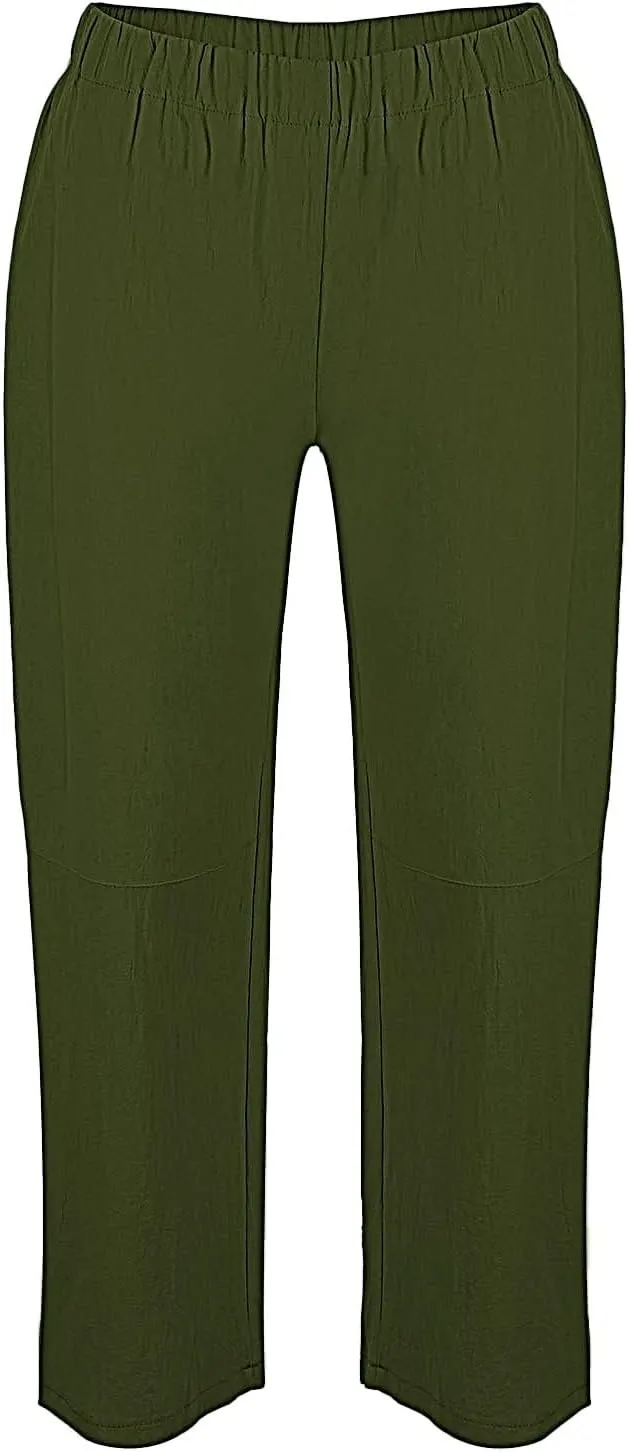 Womens Cotton Linen Harem Pants Solid Color Wide Leg Elastic Waist Casual Loose Cropped Trousers Summer Outdoor Hiking Pants