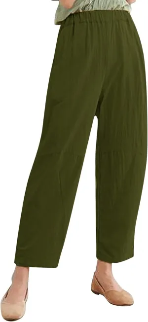 Womens Cotton Linen Harem Pants Solid Color Wide Leg Elastic Waist Casual Loose Cropped Trousers Summer Outdoor Hiking Pants