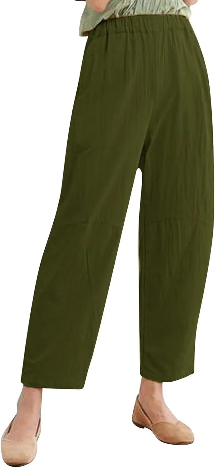 Womens Cotton Linen Harem Pants Solid Color Wide Leg Elastic Waist Casual Loose Cropped Trousers Summer Outdoor Hiking Pants