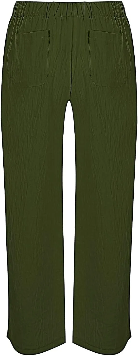 Womens Cotton Linen Harem Pants Solid Color Wide Leg Elastic Waist Casual Loose Cropped Trousers Summer Outdoor Hiking Pants