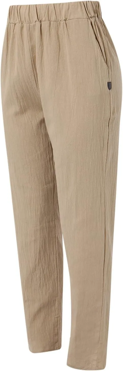 Women's Cotton Linen Pants 2025 Summer Casual Loose Elastic High Waisted Wide Leg Beach Trousers with Pockets