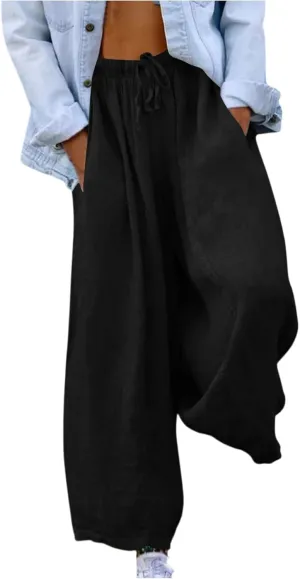 Women's Cotton Linen Pants 2025 Summer Elastic Waist Straight Leg Relax Comfy Solid Color Casual Long Trouser