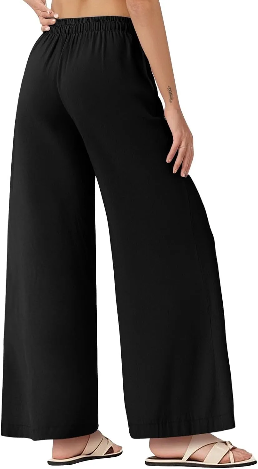 Women's Cotton Linen Pants 2025 Summer Elastic Waist Straight Leg Relax Comfy Solid Color Casual Long Trouser