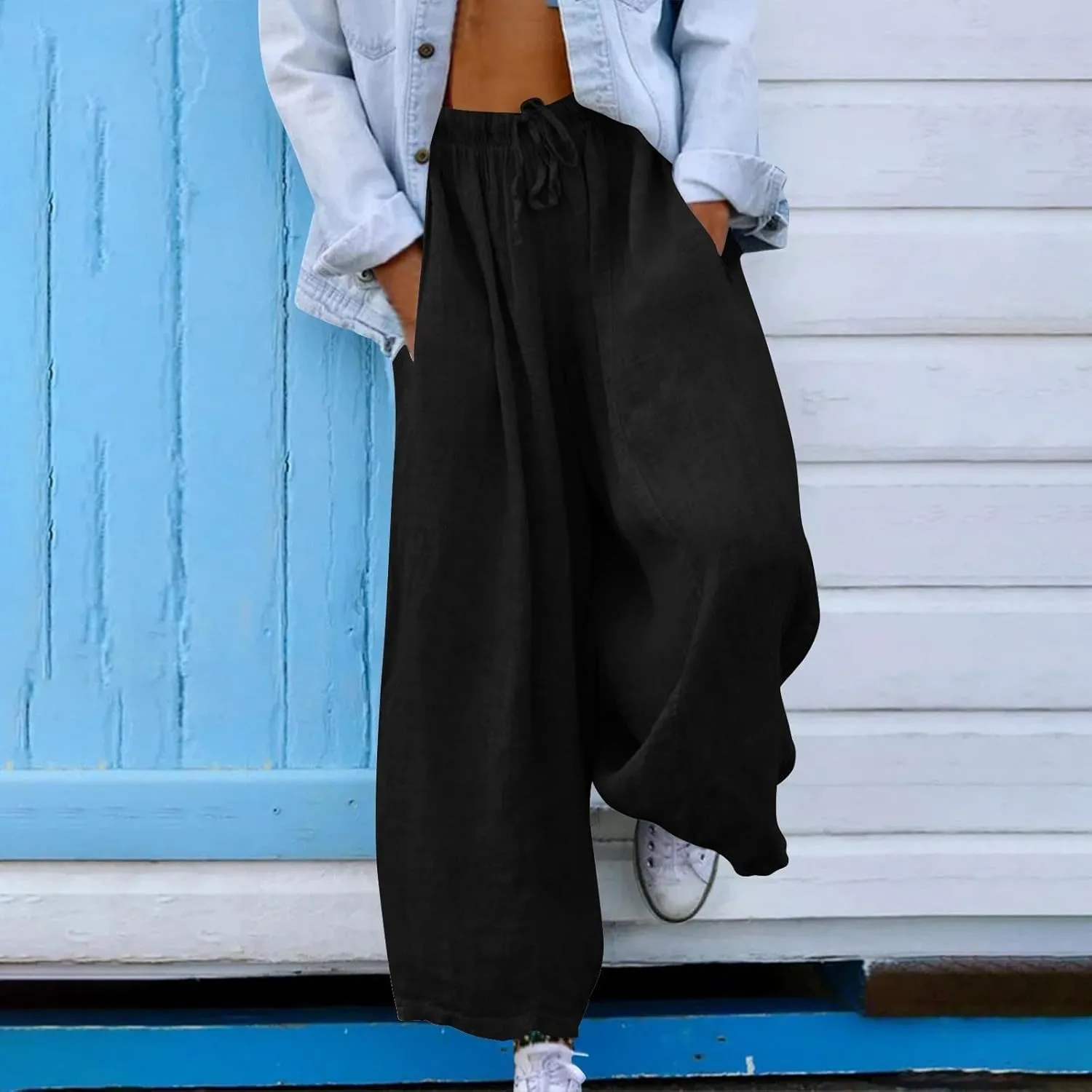 Women's Cotton Linen Pants 2025 Summer Elastic Waist Straight Leg Relax Comfy Solid Color Casual Long Trouser