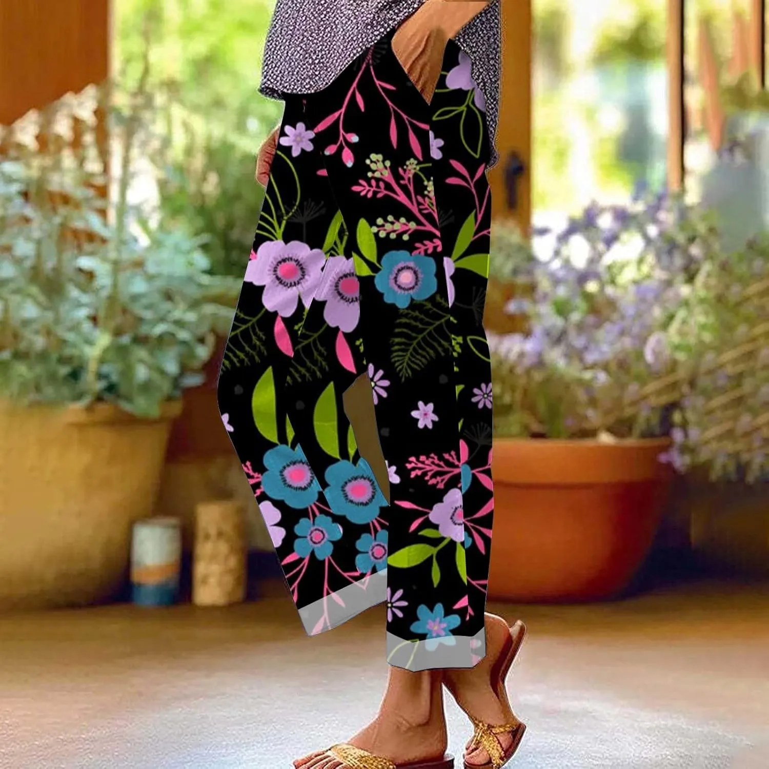 Womens Cotton Linen Pants 2025 Women'sPrinted Loose Pocket Casual Cotton and Linen Pants Vacation Beach Pants Flowy