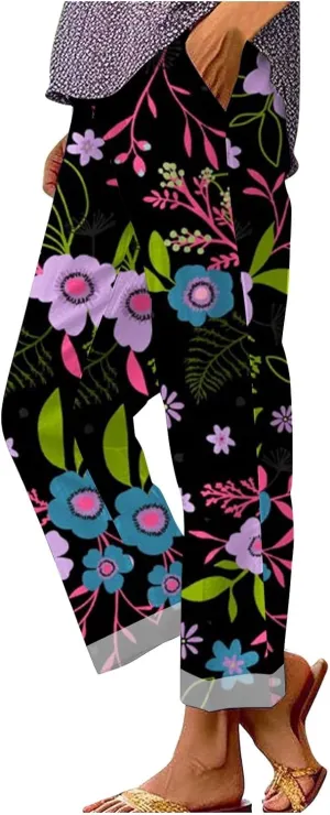 Womens Cotton Linen Pants 2025 Women'sPrinted Loose Pocket Casual Cotton and Linen Pants Vacation Beach Pants Flowy