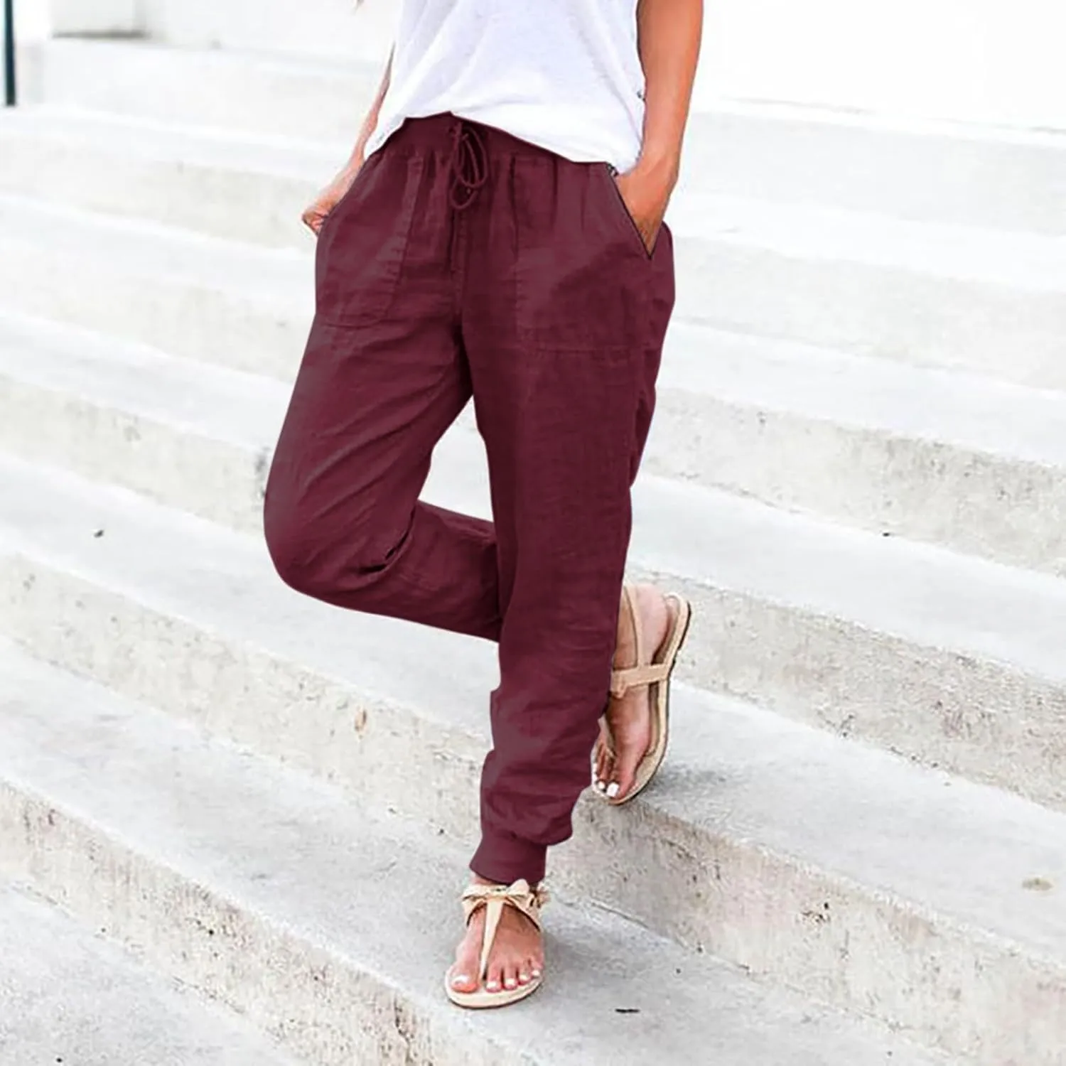 Women's Cotton Linen Pants Summer Lightweight Drawstring Lounge Pants Cinch Bottom Baggy Casual Trousers with Pockets