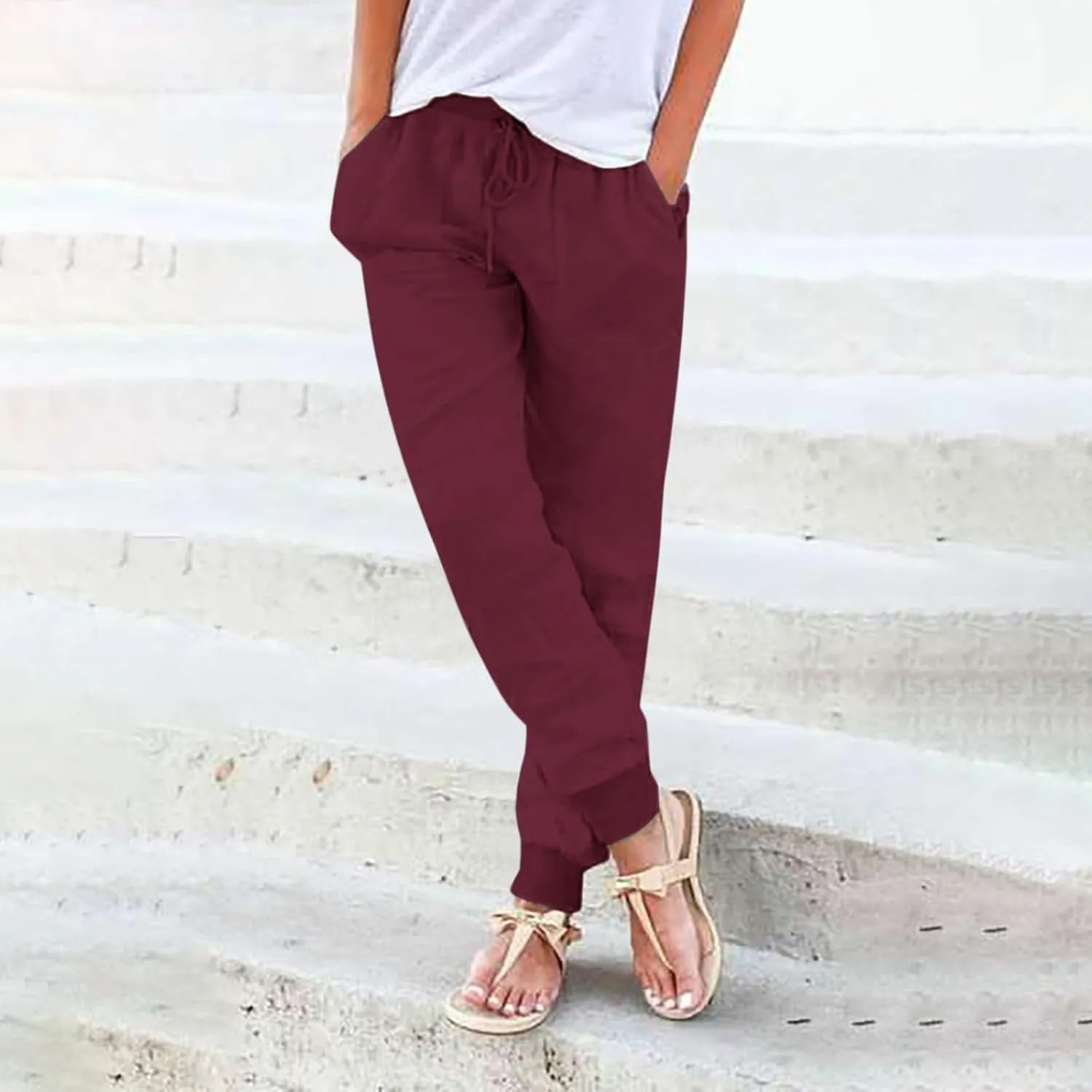 Women's Cotton Linen Pants Summer Lightweight Drawstring Lounge Pants Cinch Bottom Baggy Casual Trousers with Pockets