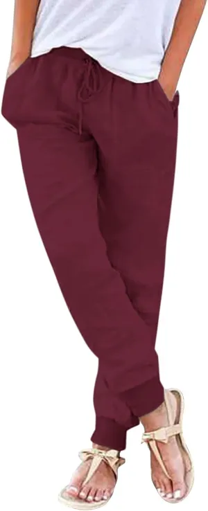 Women's Cotton Linen Pants Summer Lightweight Drawstring Lounge Pants Cinch Bottom Baggy Casual Trousers with Pockets