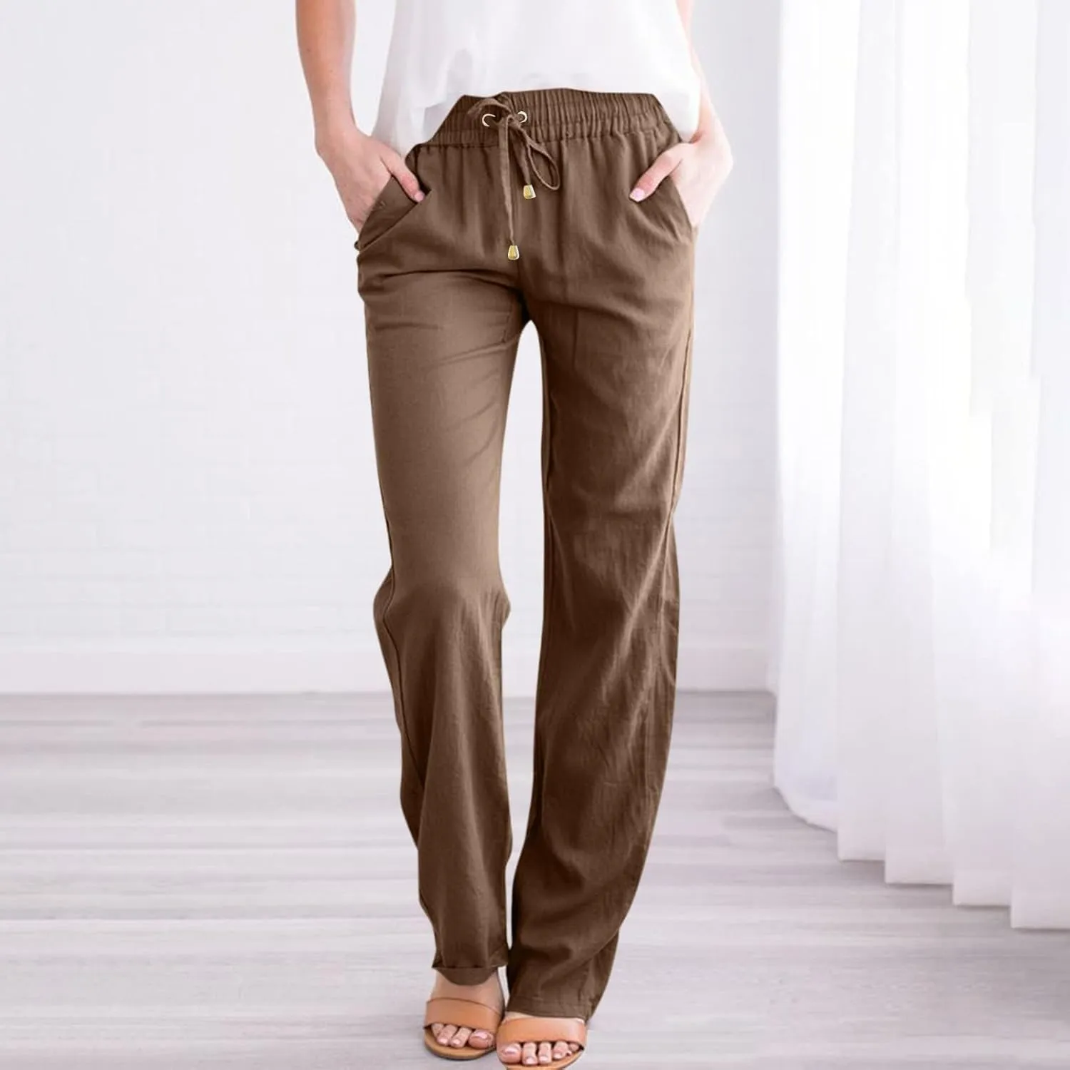 Women's Cotton Linen Pants,Spring Summer Casual Loose Lightweight Flowy Beach Pants with Pockets