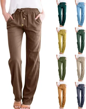 Women's Cotton Linen Pants,Spring Summer Casual Loose Lightweight Flowy Beach Pants with Pockets