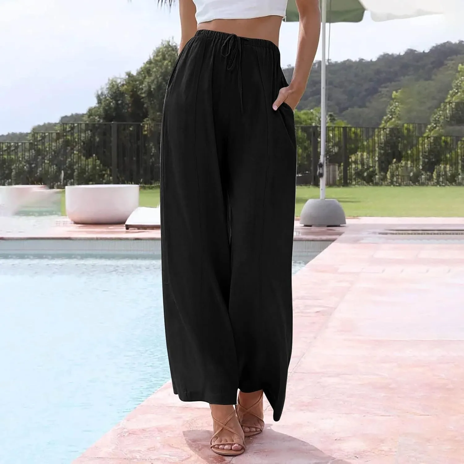 Women's Cotton Linen Summer Palazzo Pants Elastic Drawstring Flowy Wide Leg Beach Trousers with Pockets