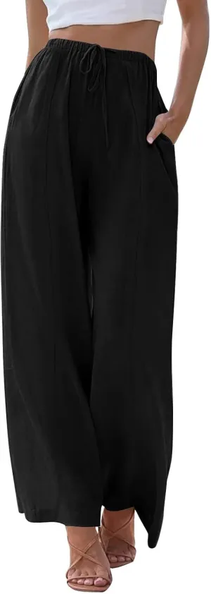 Women's Cotton Linen Summer Palazzo Pants Elastic Drawstring Flowy Wide Leg Beach Trousers with Pockets