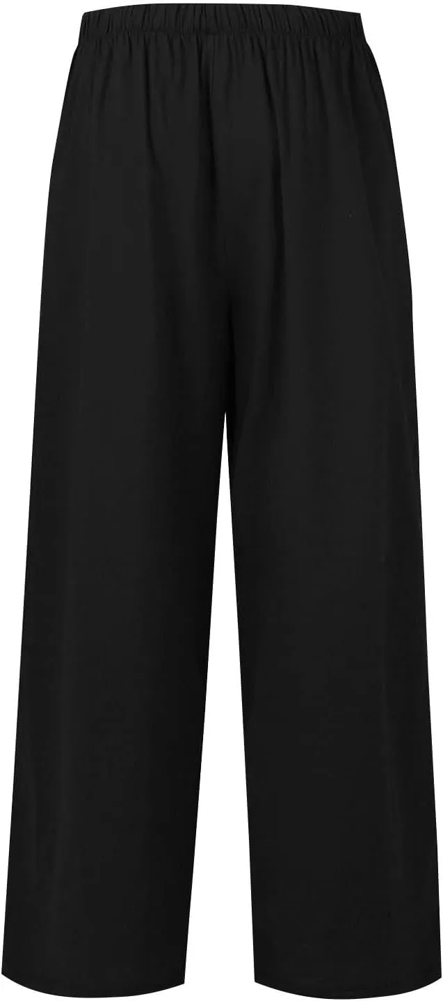 Women's Cotton Linen Summer Palazzo Pants Elastic Drawstring Flowy Wide Leg Beach Trousers with Pockets