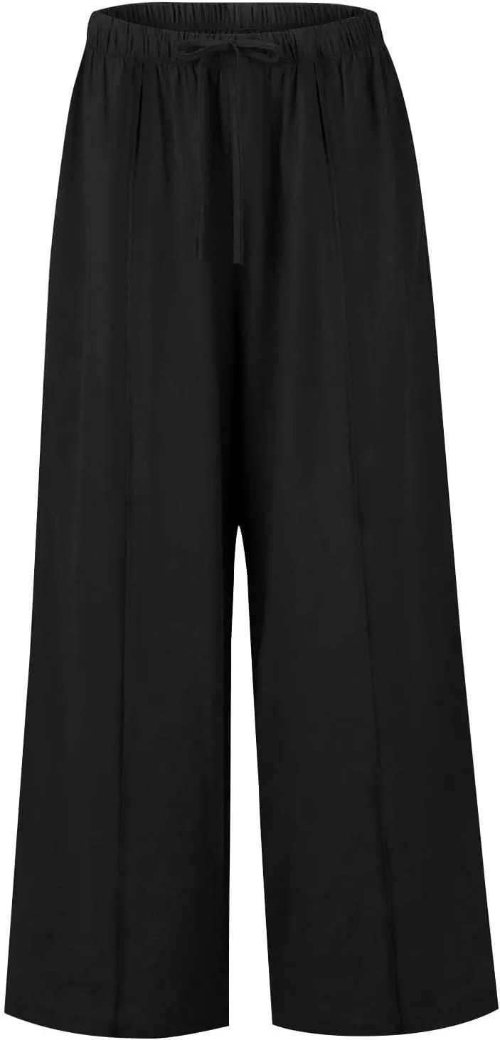 Women's Cotton Linen Summer Palazzo Pants Elastic Drawstring Flowy Wide Leg Beach Trousers with Pockets