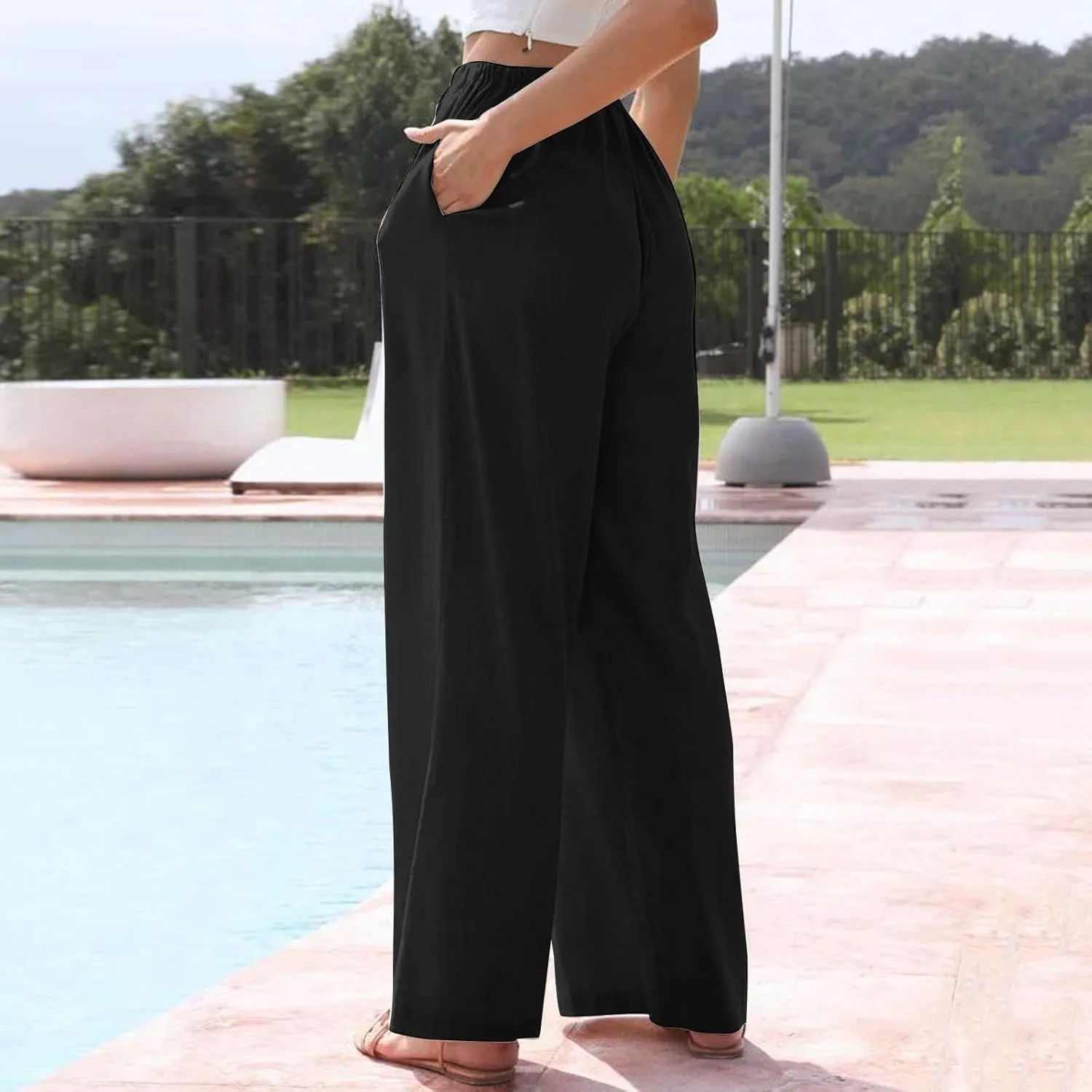 Women's Cotton Linen Summer Palazzo Pants Elastic Drawstring Flowy Wide Leg Beach Trousers with Pockets