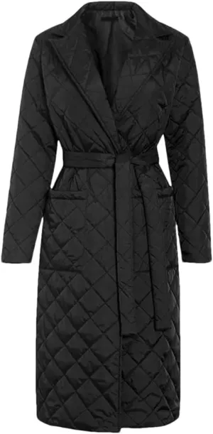 Women's Cotton-Padded Coat Lapel Loose Quilting Sashes Long Sleeve Pockets Parka Jackets Black L