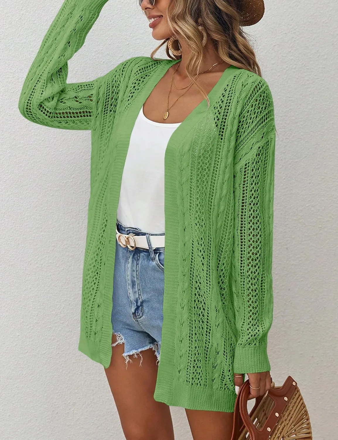 Womens Crochet Lightweight Cardigans Long Sleeve Open Front Kimonos Boho Summer Cardigan Sweater Cover Up
