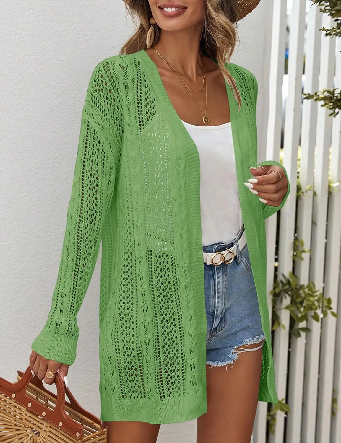 Womens Crochet Lightweight Cardigans Long Sleeve Open Front Kimonos Boho Summer Cardigan Sweater Cover Up