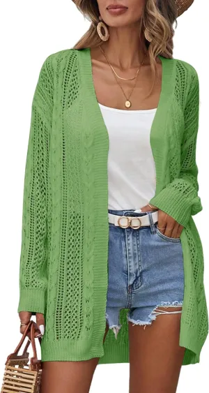 Womens Crochet Lightweight Cardigans Long Sleeve Open Front Kimonos Boho Summer Cardigan Sweater Cover Up