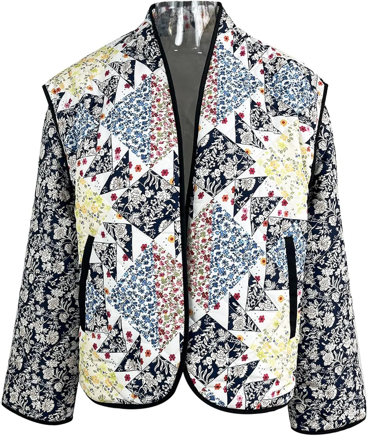 Women's Cropped Puffer Quilted Jacket, Vintage Floral Printed, Lightweight Open Front Short Jacket Coat Outwear