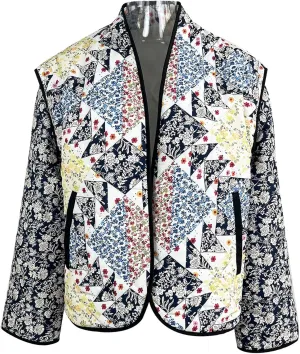 Women's Cropped Puffer Quilted Jacket, Vintage Floral Printed, Lightweight Open Front Short Jacket Coat Outwear