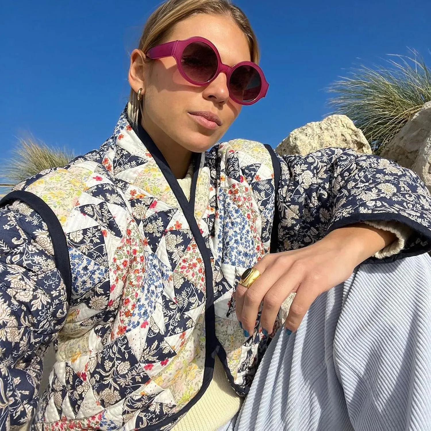 Women's Cropped Puffer Quilted Jacket, Vintage Floral Printed, Lightweight Open Front Short Jacket Coat Outwear