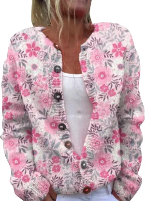 Women's Cute Pattern Printed Sweater Cardigan Long Sleeve Button Open Love Heart Knitted Sweater Outwear Coat